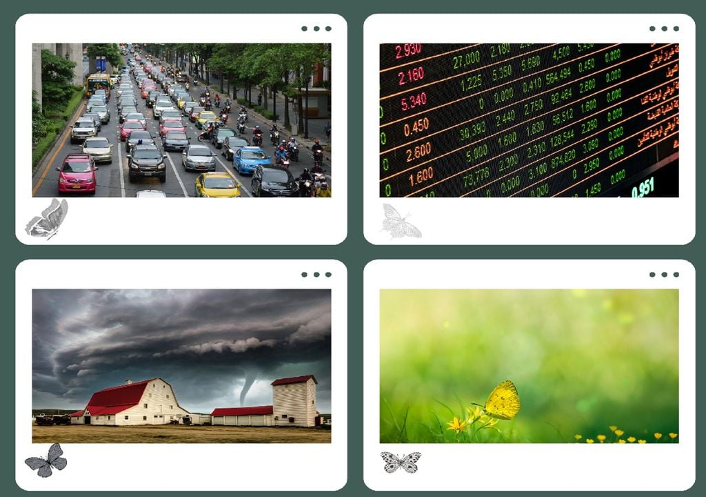 Moisaco de imagens: engarrafamento no trânsito; cotações da bolsa; tornado; borboleta Moisaco de imagens: engarrafamento no trânsito; cotações da bolsa; tornado; borboleta