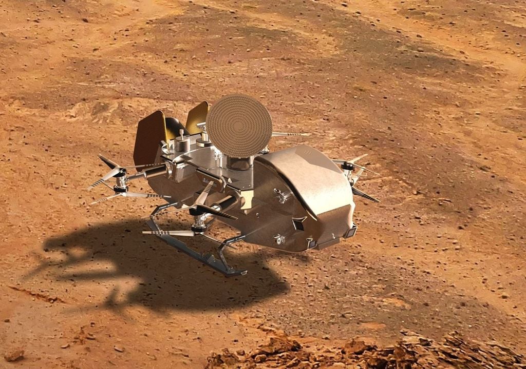 La misión Dragonfly, un módulo que pretende llegar a la superficie de Titán, la luna de Saturno, podría estar en riesgo. Imagen: NASA.
