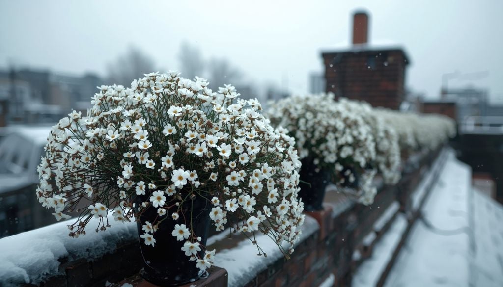 Flores pequeñas y abundantes que se derraman en una caída suave y continua.