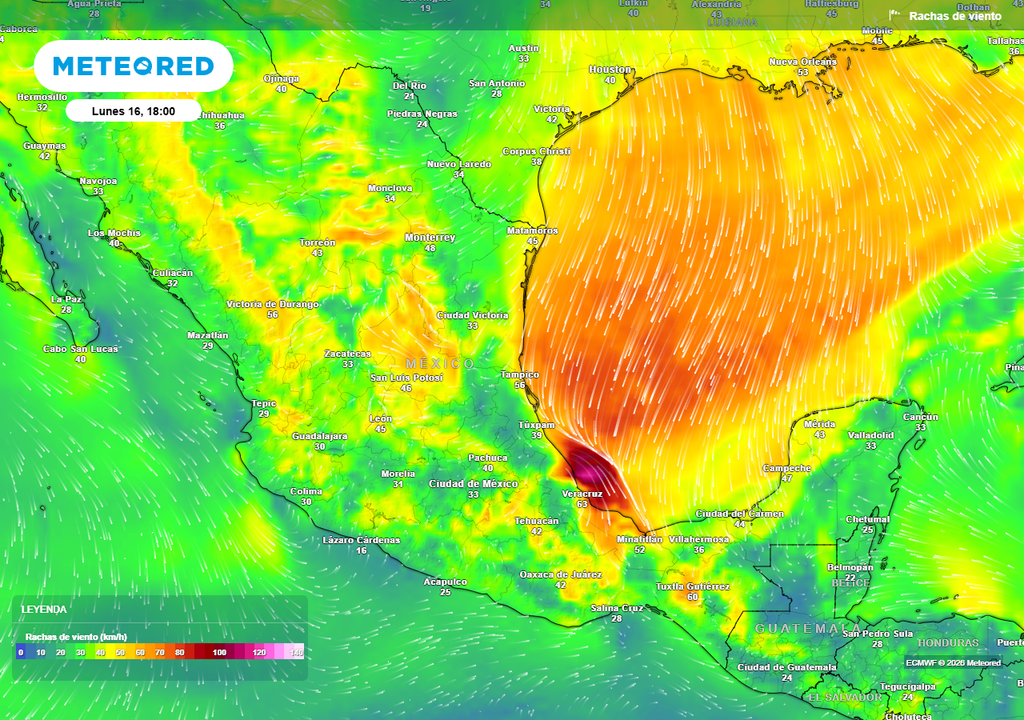 Evento "Norte" severo este lunes en Tamaulipas y Veracruz de 90-120 km/h, siendo menores en el resto del país, refrescando. En tormentas se pueden superar 60 km/h.