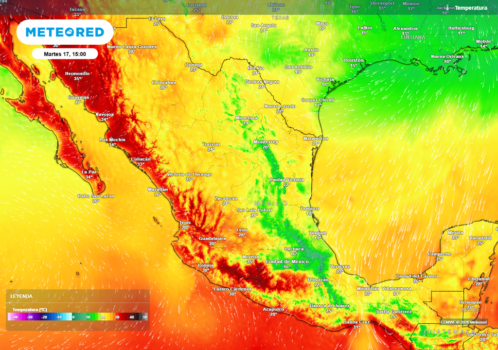 Grandes contrastes con ambiente fresco/frío en la mitad centro-oriental y de intenso calor en el Pacífico superando 40 °C