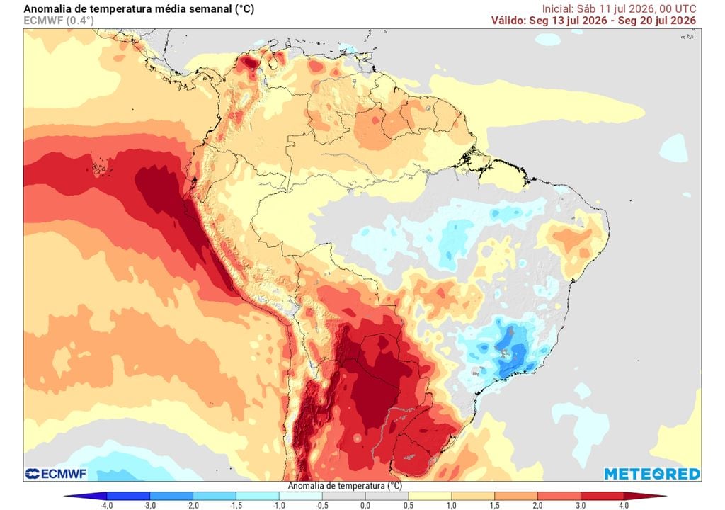 Previsão de anomalias de temperatura semanais entre os dias 13 e 20 de Julho. Previsão de anomalias de temperatura semanais entre os dias 13 e 20 de Julho (modelo ECMWF) mostra a ocorrência de uma onda de calor significativa sobre a América do Sul.