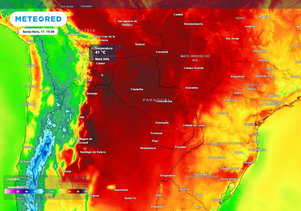 Previsão de temperaturas máximas na sexta-feira (17). Previsão de temperaturas máximas na sexta-feira (17) mostra que parte do Brasil registrará temperaturas acima dos 35°C, enquanto regiões da Argentina e da Bolívia registram até 41°C.