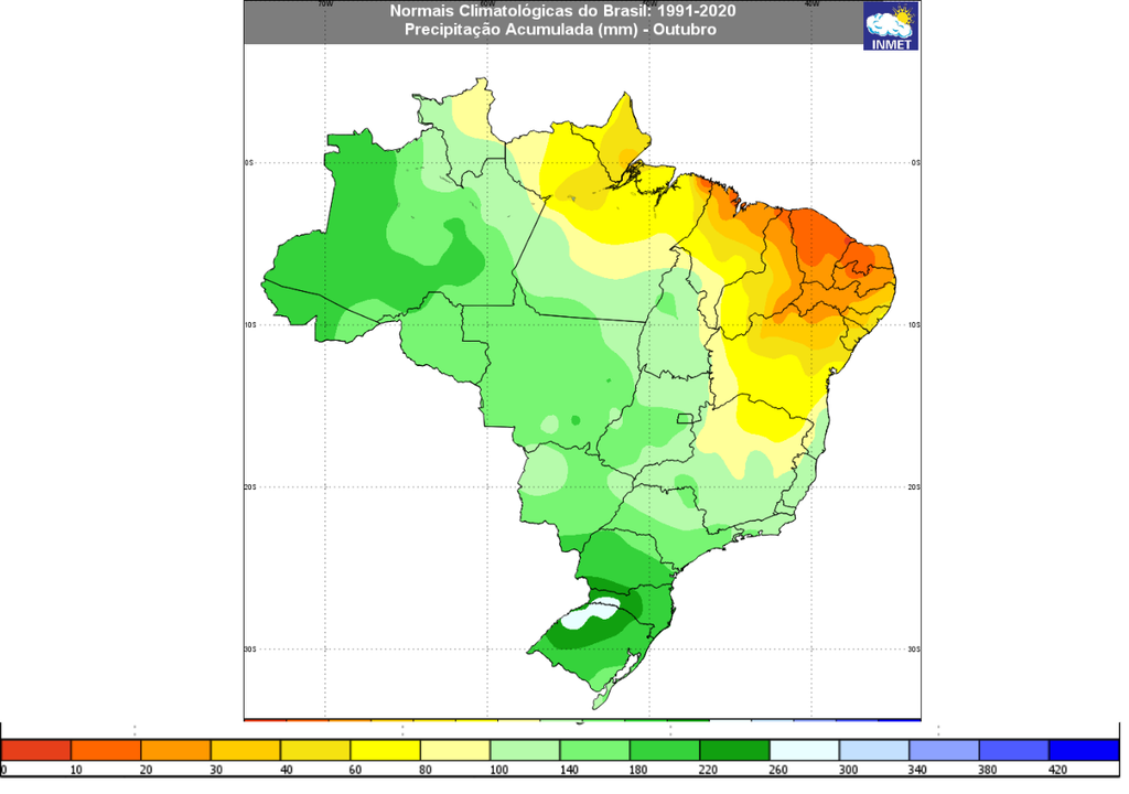 Precipitação normal (1991-2020) para outubro, em milímetros, segundo o INMET. Créditos: Meteored/INMET. Precipitação normal (1991-2020) para outubro, em milímetros, segundo o INMET. Créditos: Meteored/INMET.