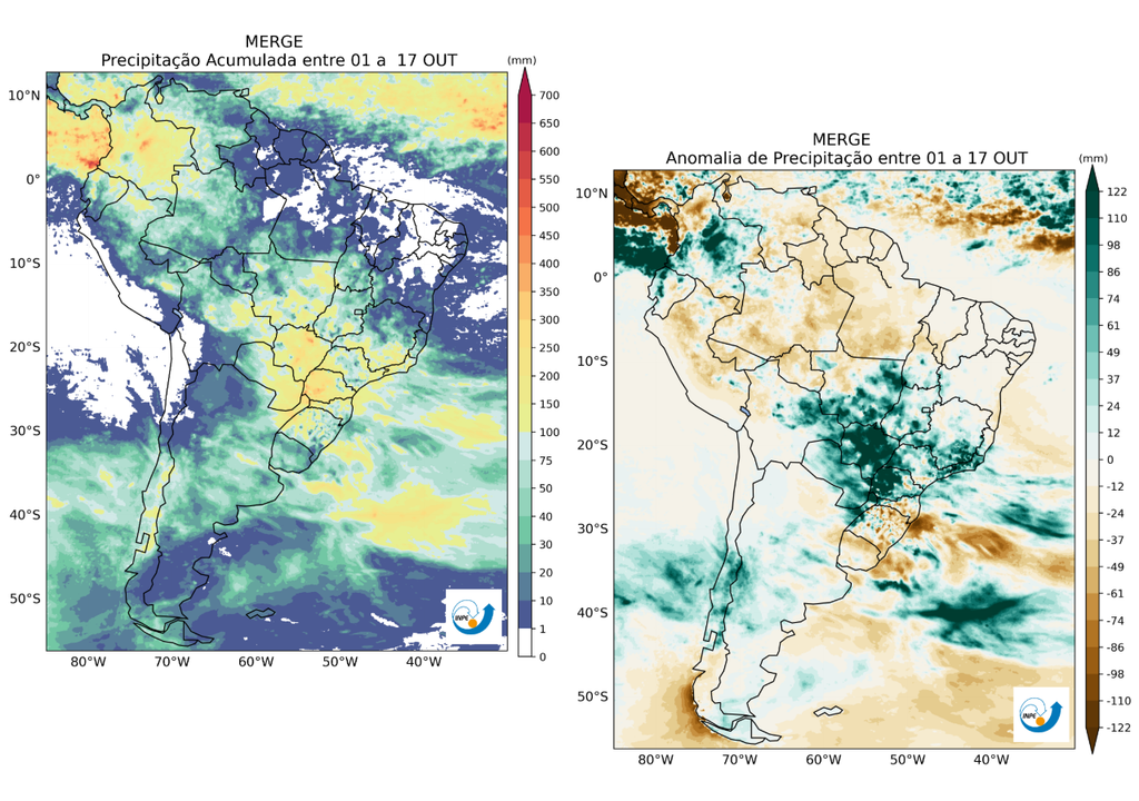 Chuva acumulada entre 1 e 17 de outubro (esquerda) e anomalia correspondente (direita), segundo o produto MERGE do CPTEC/INPE. Créditos: Meteored/CPTEC/INPE. Chuva acumulada entre 1 e 17 de outubro (esquerda) e anomalia correspondente (direita), segundo o produto MERGE do CPTEC/INPE. Créditos: Meteored/CPTEC/INPE.