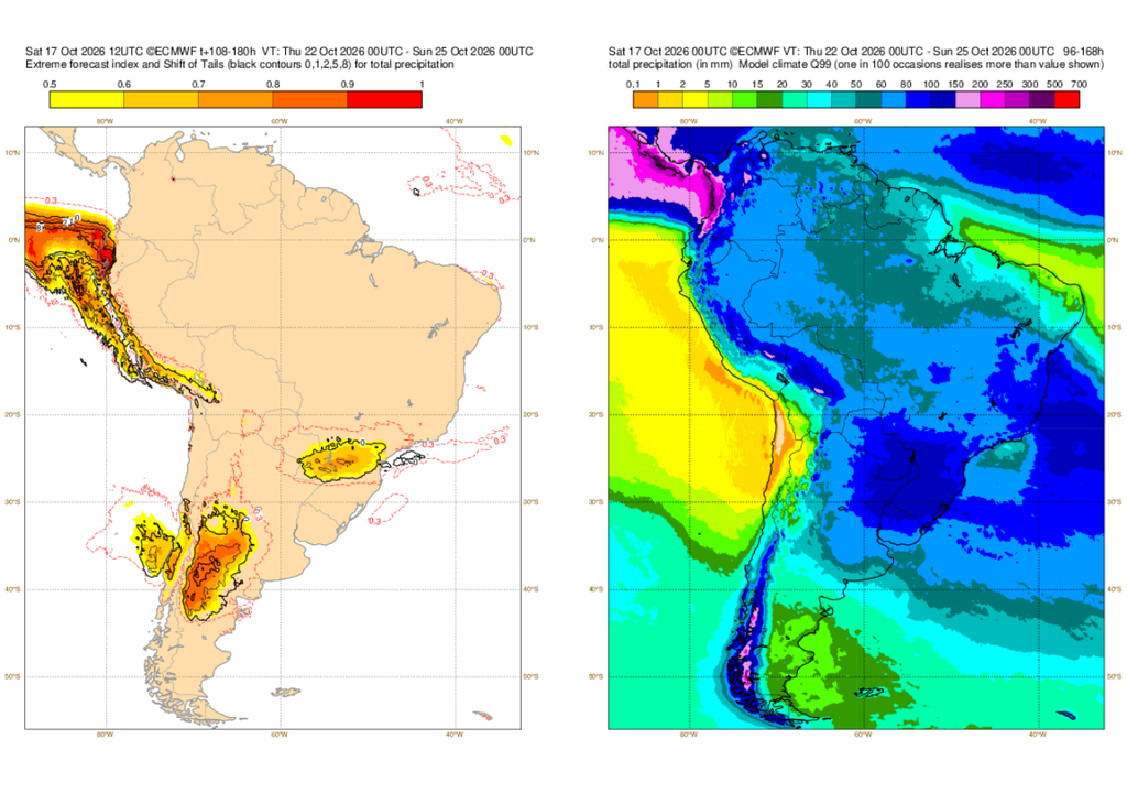 EFI para precipitação do modelo ECMWF (esquerda) entre quinta-feira (22) e sábado (24) e valores de referência para o período (direita). Créditos: ECMWF. EFI para precipitação do modelo ECMWF (esquerda) entre quinta-feira (22) e sábado (24) e valores de referência para o período (direita). Créditos: ECMWF.