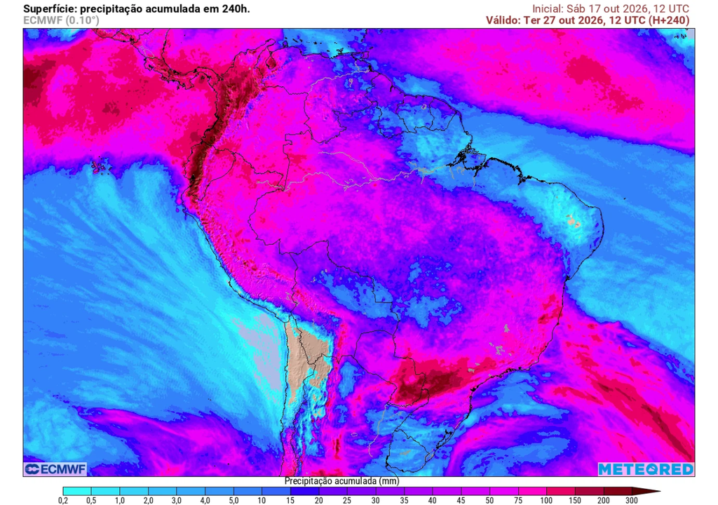 Previsão de chuva acumulada até o início de terça-feira (27), segundo o ECMWF. Previsão de chuva acumulada até o início de terça-feira (27), segundo o ECMWF.
