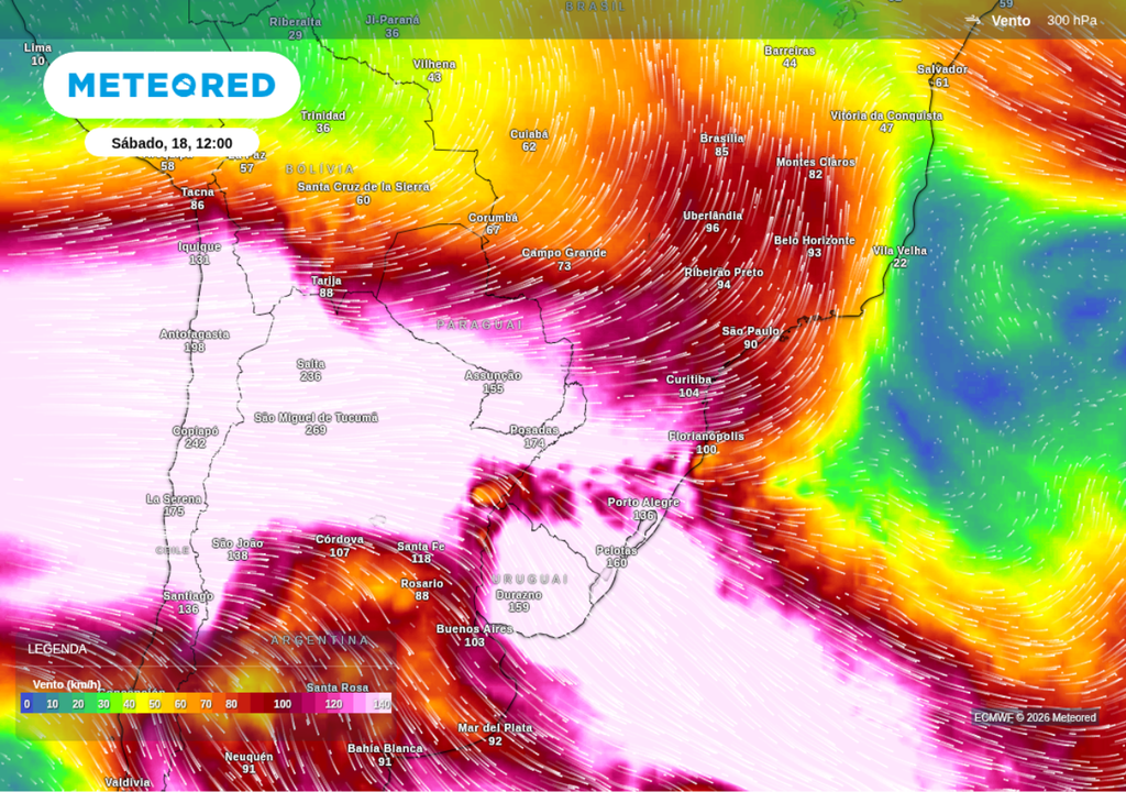 Mapa previsto de vento em altos níveis para sábado (18) mostrando uma área com divergência, segundo o ECMWF. Mapa previsto de vento em altos níveis para sábado (18) mostrando uma área com divergência, segundo o ECMWF.