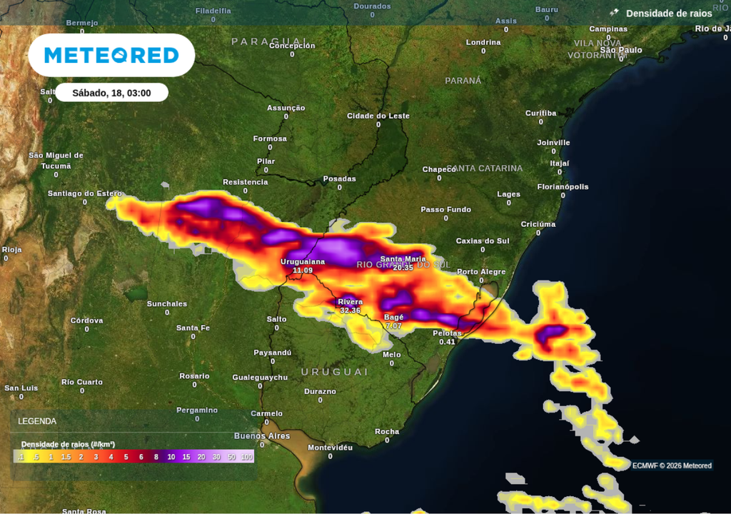 Tempestades intensas começam a atuar já a partir de quinta (16), se fortalecendo e se intensificando até a próxima semana. No mapa acima, a previsão para sábado (18), segundo o ECMWF. Tempestades intensas começam a atuar já a partir de quinta (16), se fortalecendo e se intensificando até a próxima semana. No mapa acima, a previsão para sábado (18), segundo o ECMWF.