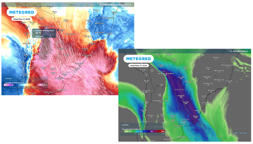 Previsão de anomalia de temperatura (esquerda) e de rio atmosférico (direita) para sexta-feira (17),segundo o ECMWF. Previsão de anomalia de temperatura (esquerda) e de rio atmosférico (direita) para sexta-feira (17),segundo o ECMWF.