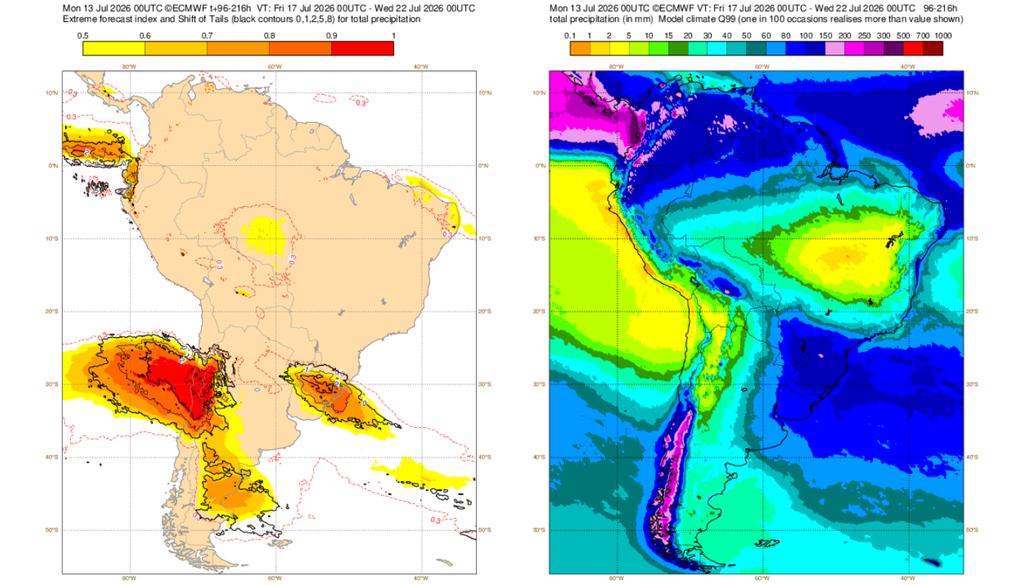 EFI do ECMWF para a precipitação destaca chuvas extremas sobre o Rio Grande do Sul e Uruguai entre 17 e 22 de julho. Créditos: ECMWF. EFI do ECMWF para a precipitação destaca chuvas extremas sobre o Rio Grande do Sul e Uruguai entre 17 e 22 de julho. Créditos: ECMWF.