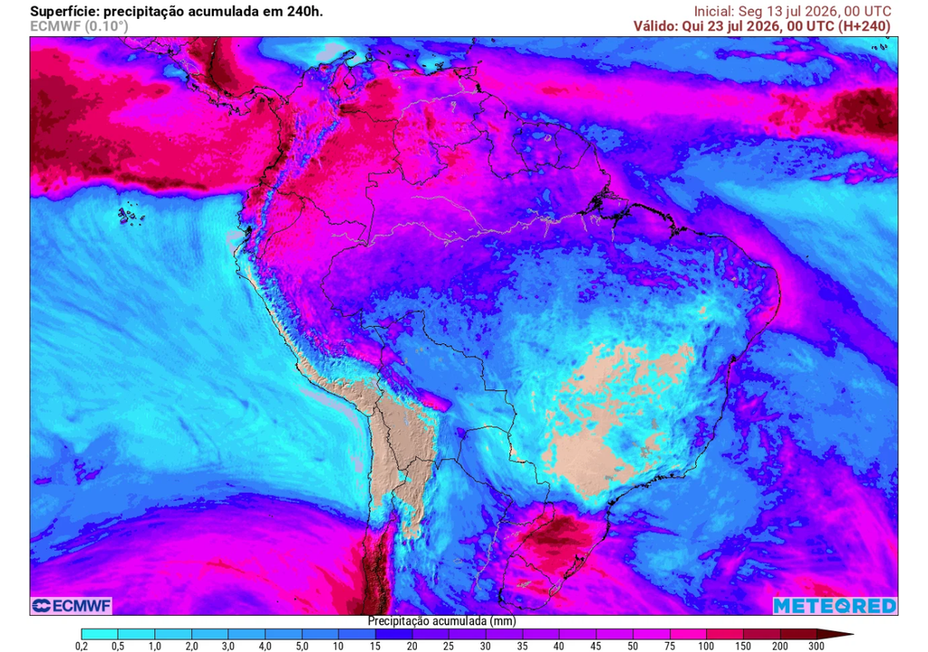 Previsão de chuva acumulada até quinta-feira (23), segundo o ECMWF. Previsão de chuva acumulada até quinta-feira (23), segundo o ECMWF.