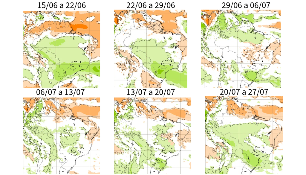 Previsão de anomalia semanal de chuva segundo o ECMWF. Créditos: Elaborado por Meteored/Fonte: ECMWF. Previsão de anomalia semanal de chuva segundo o ECMWF. Créditos: Elaborado por Meteored/Fonte: ECMWF.
