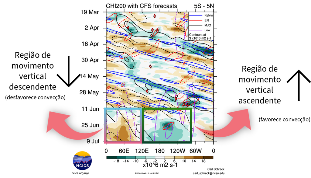 Previsão de anomalias da velocidade potencial em 200 hPa na faixa equatorial sugere uma intensificação da resposta atmosférica sobre o Pacífico equatorial. Adaptada de NCICS/Carl Schreck. Previsão de anomalias da velocidade potencial em 200 hPa na faixa equatorial sugere uma intensificação da resposta atmosférica sobre o Pacífico equatorial. Adaptada de NCICS/Carl Schreck.