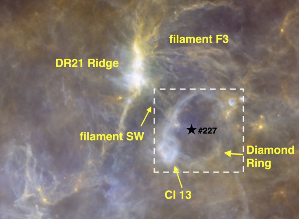 Überblick über die nördliche Cygnus-X-Region, mit dem Ring (weißes Quadrat) und dem Diamanten (Cl23). Überblick über die nördliche Cygnus-X-Region, mit dem Ring (weißes Quadrat) und dem Diamanten (Cl23). Bild: Dannhauer et al., 2025