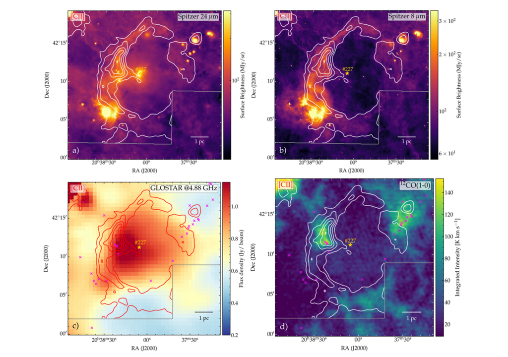 Abstrahlungswerte des Diamond Ring. Die Position des ionisierenden Sterns #227 wird mit einem gelben Stern angezeigt. Abstrahlungswerte des Diamond Ring. Die Position des ionisierenden Sterns #227 wird mit einem gelben Stern angezeigt. Bild: Dannhauer et al., 2025