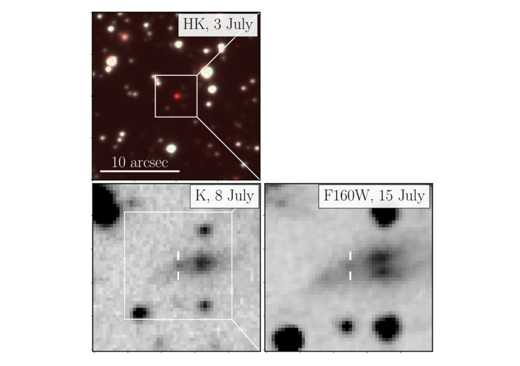 Oben: GRB 250702B, aufgenommen mit dem VLT/HAWK-I. Das Bild zeigt die extrem rote Farbe des Transienten. Unten links: Vergrößerter Ausschnitt nach 5,737 Tagen, aufgenommen mit HAWK-I. Unten rechts: Die HST-Aufnahme zeigt deutlich die ausgedehnte Quelle.