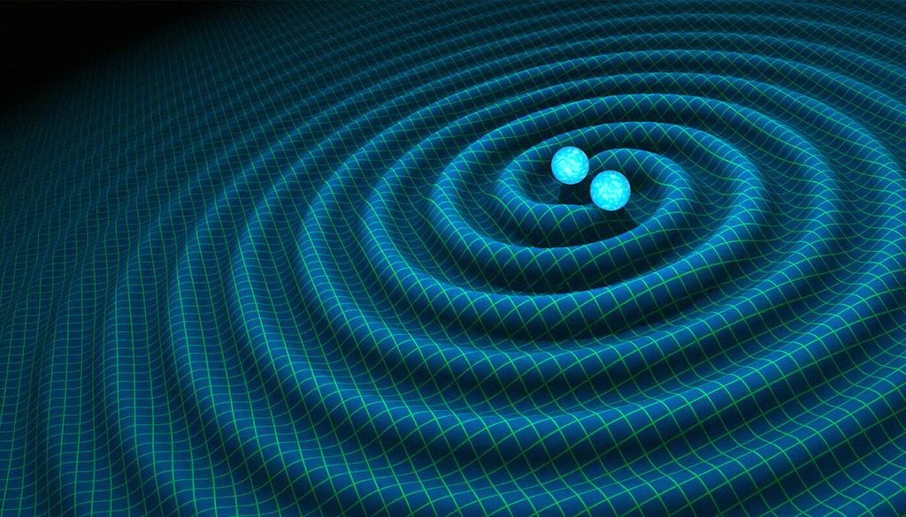 Simulation von Gravitationswellen, die durch verschmelzende Neutronensterne verursacht werden. Simulation von Gravitationswellen, die durch verschmelzende Neutronensterne verursacht werden. Bild: R. Hurt/Caltech-JPL