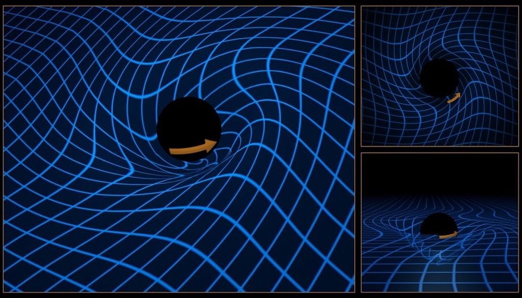 Die Illustration des Frame-Dragging-Effekts zeigt, wie ein rotierendes Schwarzes Loch die Raumzeit um sich herum mitzieht. Gelangt ein Stern nah genug an ein rotierendes Schwarzes Loch, verändert sich seine Umlaufbahn auf eine Weise, die sich über längere Zeiträume hinweg messen lässt. Die Illustration des Frame-Dragging-Effekts zeigt, wie ein rotierendes Schwarzes Loch die Raumzeit um sich herum mitzieht. Gelangt ein Stern nah genug an ein rotierendes Schwarzes Loch, verändert sich seine Umlaufbahn auf eine Weise, die sich über längere Zeiträume hinweg messen lässt. Bild: ESO/M. Kornmesser