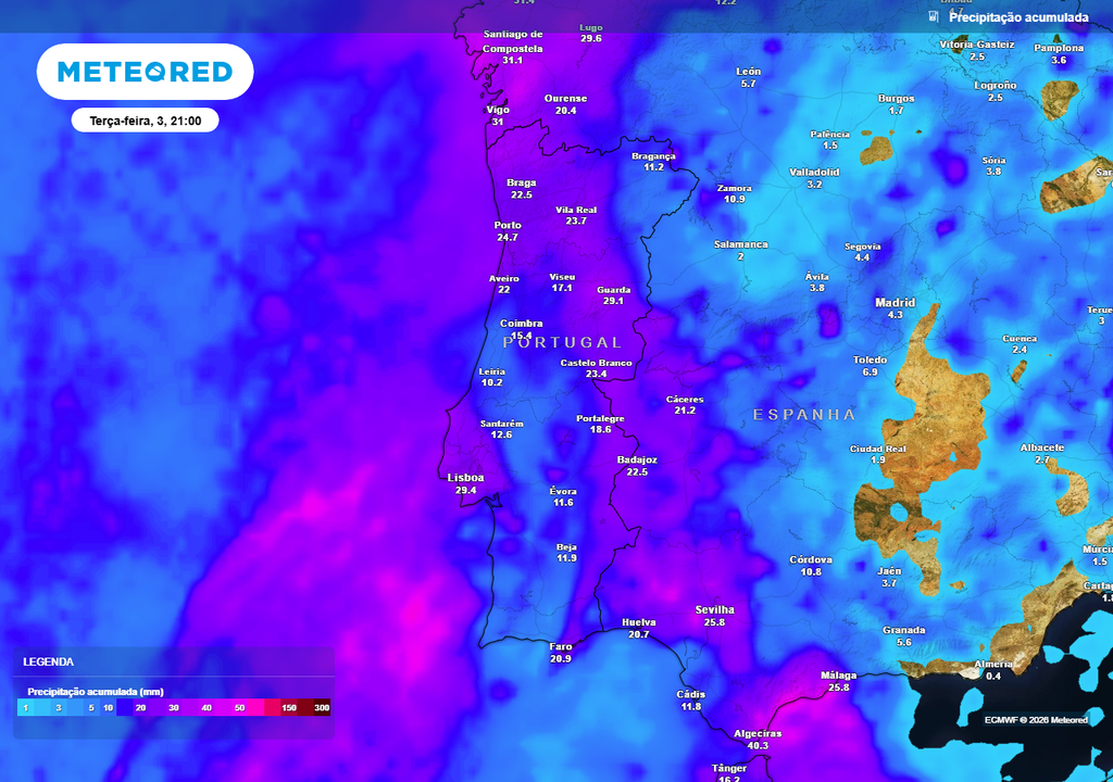 Distribuição da chuva acumulada em Portugal continental até às 21:00 de terça-feira, 3 de março, incluindo a precipitação prevista para sexta-feira (27), segunda (2) e terça (3).