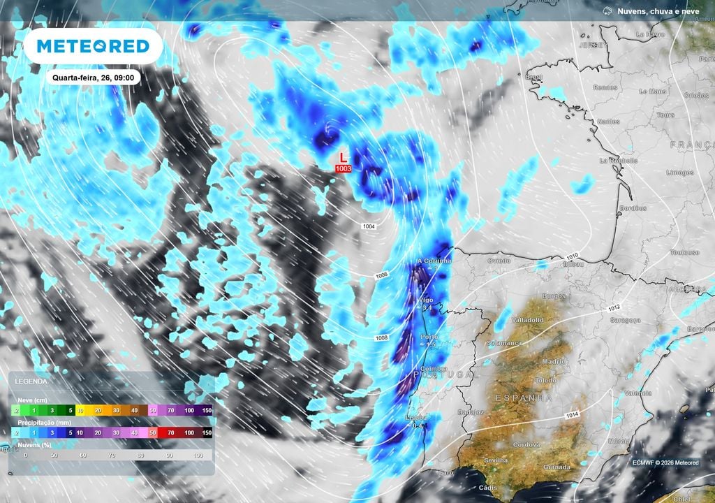 Chuva e pressão atmosférica Uma nova frente fria, associada a uma região depressionária a noroeste da Península Ibérica, alcançará Portugal na quarta-feira, levando uma faixa organizada de precipitação do litoral para o interior.
