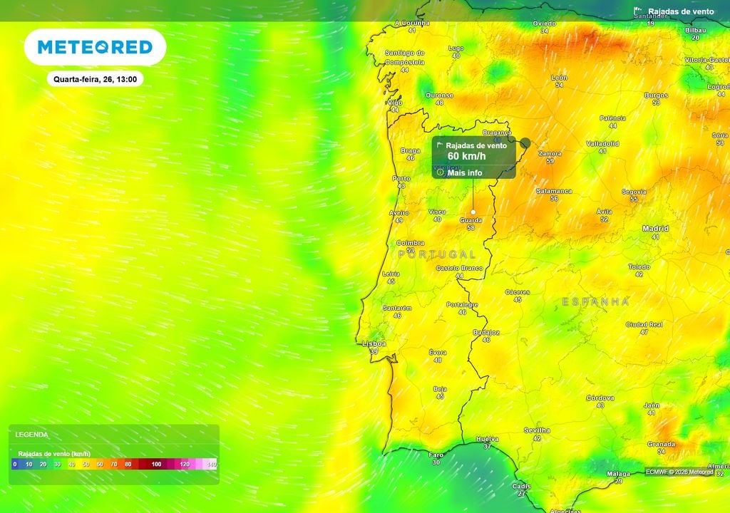 Rajada de Vento (km/h) O vento também ganhará intensidade durante a passagem frontal. As rajadas poderão atingir ou ultrapassar os 60 km/h em alguns locais, sobretudo no Norte, Centro e terras altas.