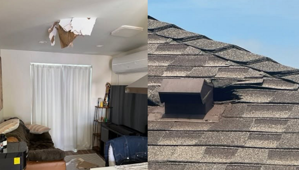 Das Eis schlug durch Decke und Dach des Wohnhauses – und landete schließlich auf dem Sofa. Das Eis schlug durch Decke und Dach des Wohnhauses – und landete schließlich auf dem Sofa. Bild: Los Angeles County Supervisor Janice Hahn/Facebook