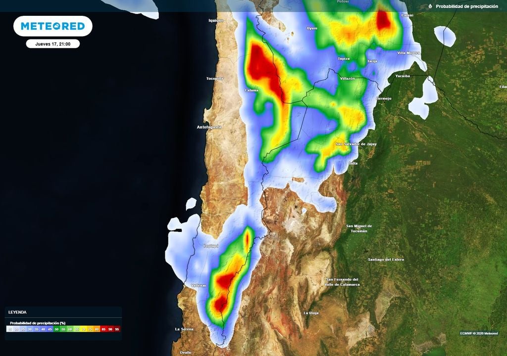 mapa de probabilidad de precipitación. La mayor probabilidad de precipitación se concentra este viernes en sectores interiores y cordilleranos del norte de Chile.