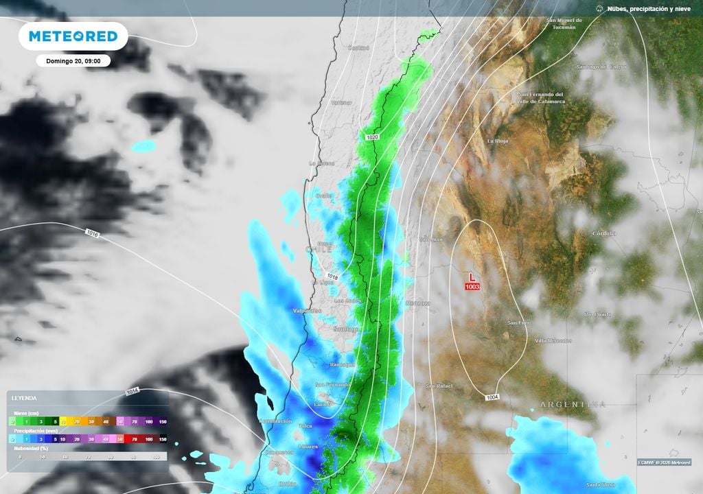 mapa de lluvia y nieve El sistema frontal dejaría precipitaciones desde la zona central hacia el sur durante la mañana del domingo 20.