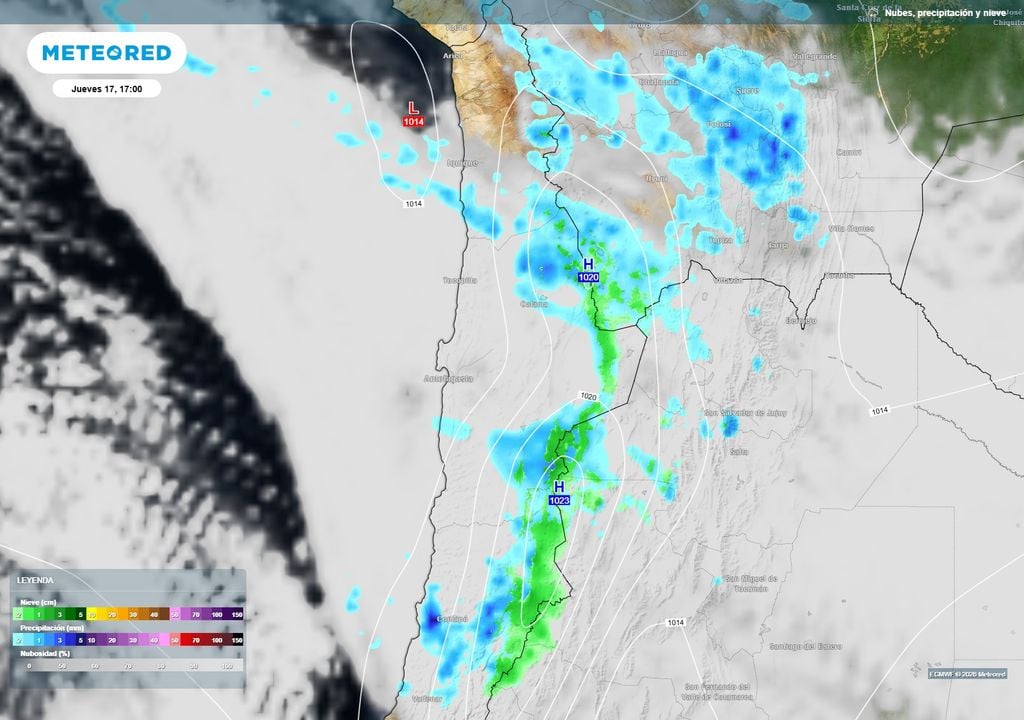 mapa de lluvia y nieve. La vaguada en altura favorece precipitaciones en sectores interiores y cordilleranos del norte durante la tarde del jueves 17.