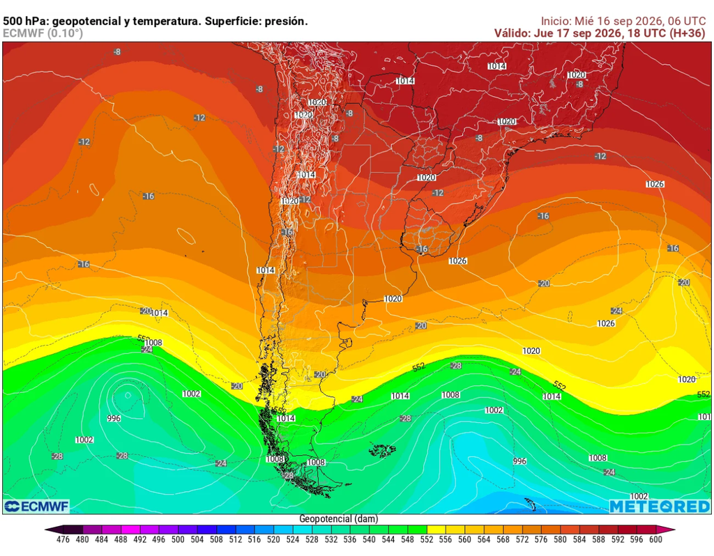 El ECMWF muestra la configuración atmosférica en altura y superficie prevista para la tarde del jueves 17 sobre Chile y el Cono Sur.