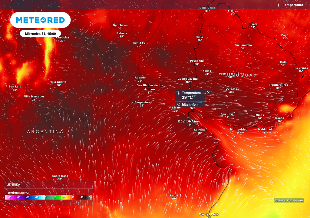 Temperaturas para el día miércoles 31 de diciembre, según el modelo ECMWF Temperaturas para el día miércoles 31 de diciembre, según el modelo ECMWF