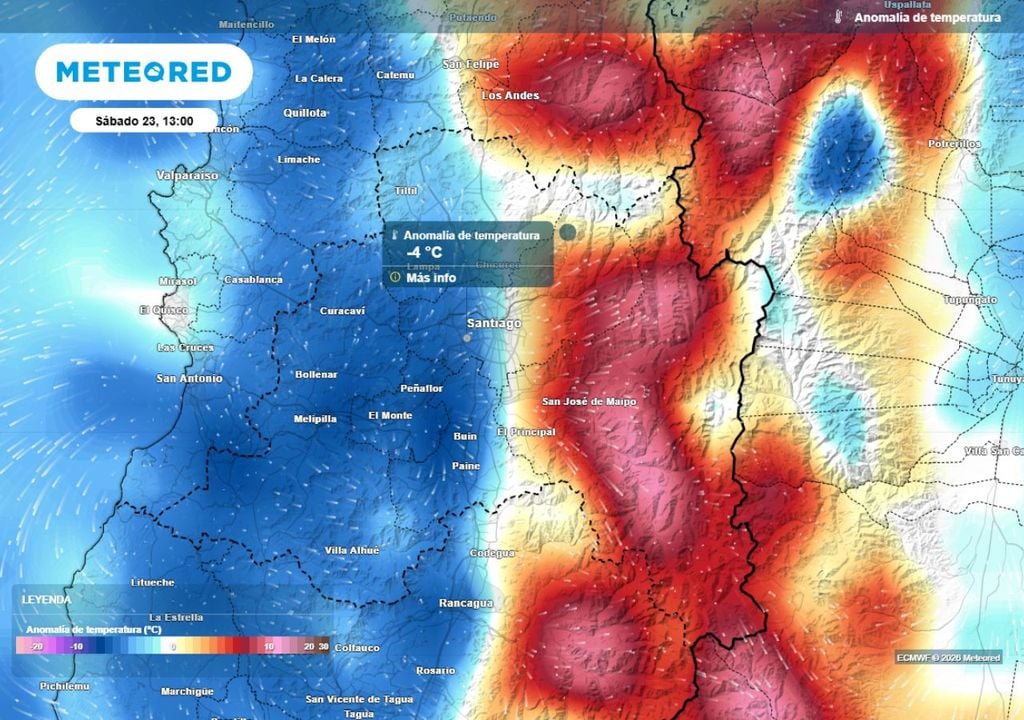Este sábado tendremos un día muy fresco, ambiente impulsado por la nubosidad baja. Además, en el mapa de anomalía de temperatura destaca un contraste térmico marcado entre precordillera y valle.