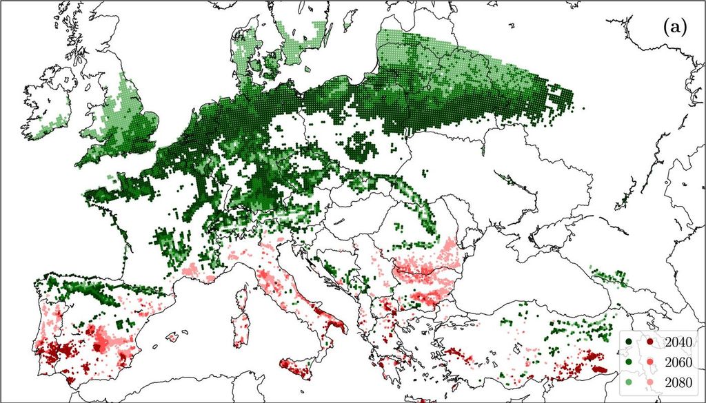 Proyección viñedos en Europa Mapa con la proyección de las zonas propicias para los viñedos (verde) y donde tendrán problemas de adaptación (rojo) para los periodos 2040, 2060 y 2080. Fuente: Agricultural and Forest Meteorology. (Goyette S. et al, 2026)