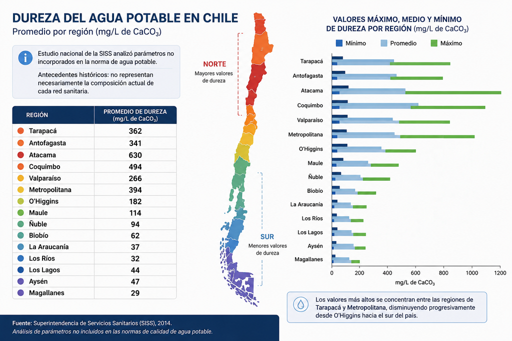 Un estudio de la Superintendencia de Servicios Sanitarios Un estudio de la Superintendencia de Servicios Sanitarios (SISS) evidenció que, históricamente, las aguas más duras se concentraban entre el norte y la Región Metropolitana, mientras que hacia el sur del país predominaban aguas con menor contenido de minerales.