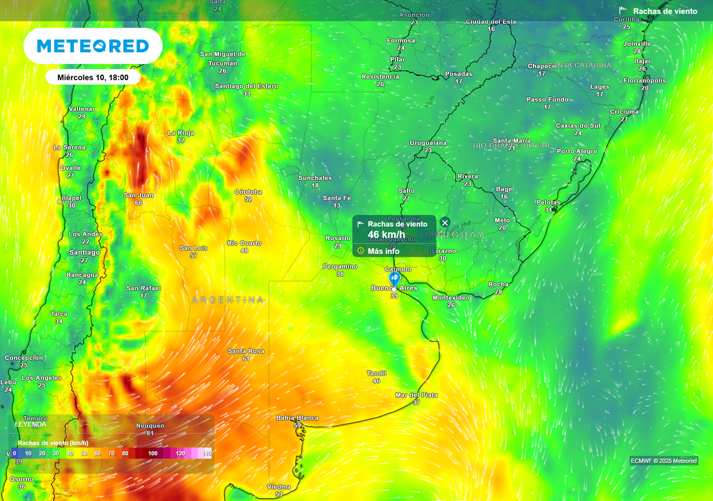 Ráfagas de viento para el miércoles 10 de septiembre a las 18 h, según el modelo ECMWF