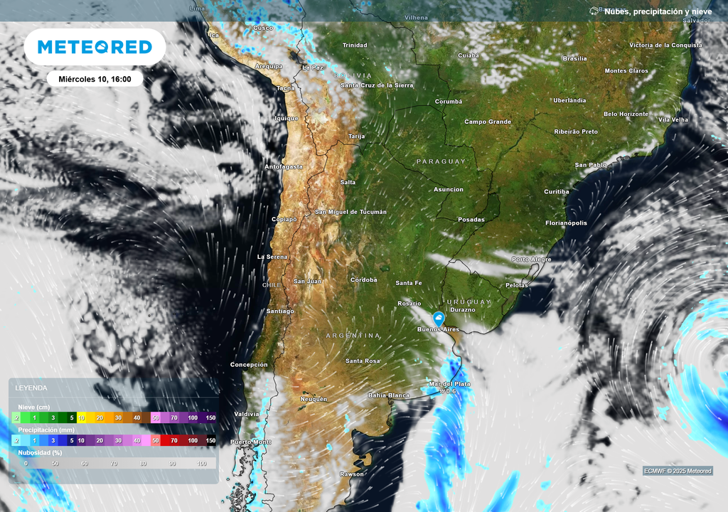 Nubes, precipitación y nieve para Miércoles 10 de septiembre 16 hs según el modelo ECMWF