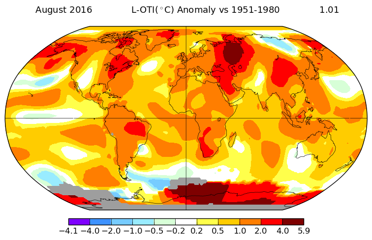 Mapas y gráficos donde se recogen las características térmicas de agosto de 2016 a nivel global. NASA-GISS