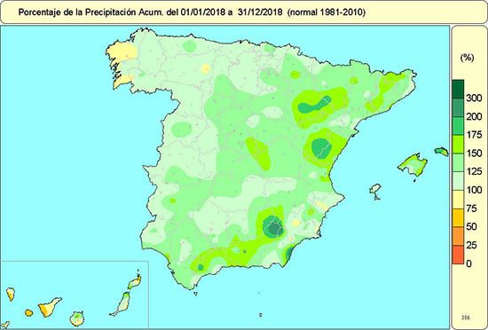 Porcentaje de la precipitación acumulada en el año 2018 sobre el valor normal Porcentaje de la precipitación acumulada en el año 2018 sobre el valor normal