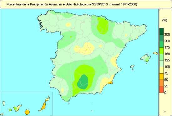 El Año Hidrológico 2012-2013 Ha Sido Muy Húmedo En La Mayor Parte De España Año hidrológico 2012-2013En lo que respecta a la distribución de las precipitaciones a lo largo del año hidrológico, el primer trimestre del mismo (octubre-diciembre) fue muy húmedo en general, debido sobre todo a las copiosas lluvias de los meses de octubre y noviembre, de forma que a finales de diciembre la precipitación promediada sobre España superaba en más de un 20% su valor normal. Este trimestre resultó especialmente húmedo resultó en el valle del Ebro, en las islas occidentales de Canarias, en el nordeste de Andalucía y en el sureste de Castilla-La Mancha, mientras que por el contrario fue más seco de lo normal en el centro peninsular y en el norte de Cataluña y Castilla y León.