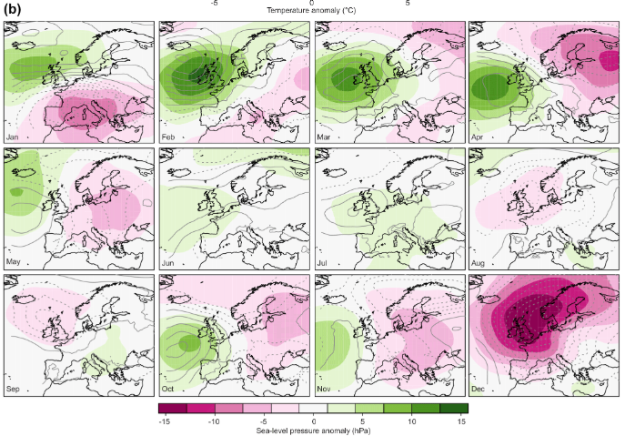 Anomalías mensuales (con respecto a 1710-1739) de (a) temperatura y (b) presión a nivel del mar en 1740 en la media del conjunto ModE-RA. La figura inferior también muestra las anomalías de la presión a nivel del mar según el enfoque analógico (con respecto a 1991-2020, distancia de contorno de 2 hPa centrada en el cero, línea discontinua negativa). Fuente: Brönnimann, S., Clim. Past, https://doi.org/10.5194/cp-20-2219-2024, 2024.