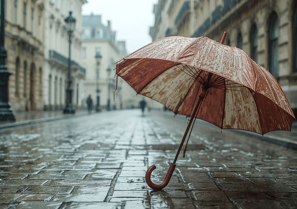Paraguas en el suelo en una calle mojada