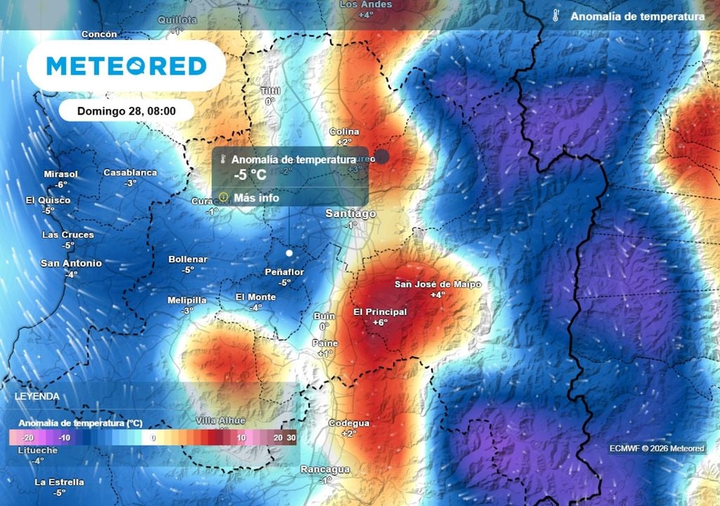 Este domingo las mínimas se mostrarán bajo lo esperado en la Región Metropolitana: hasta 5 °C bajo el promedio.