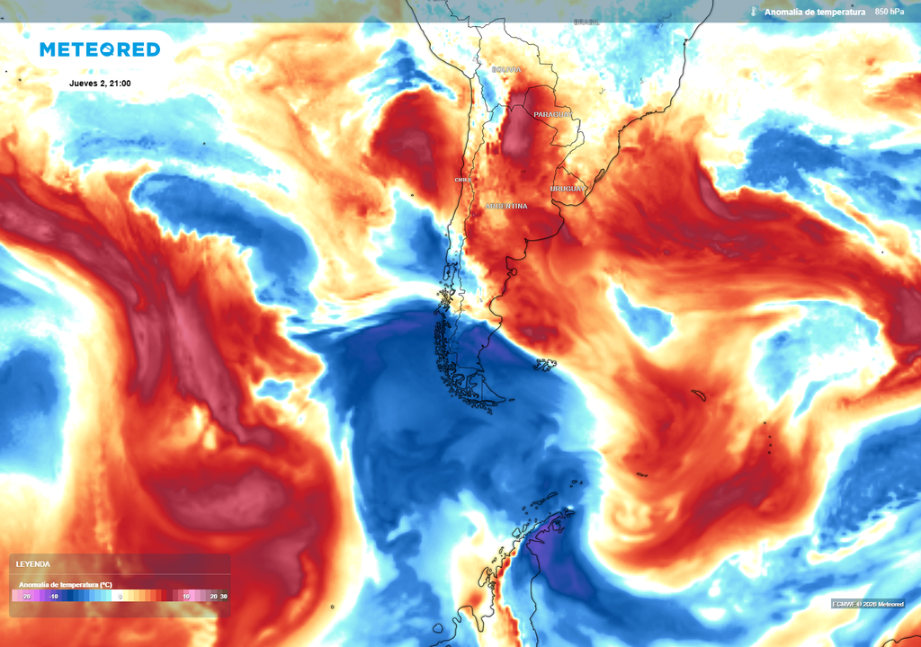 anomalía de temperaturas La influencia del avance de las masas de aire frío provocará el descenso de las temperaturas mínimas desde la zona central a la zona austral.
