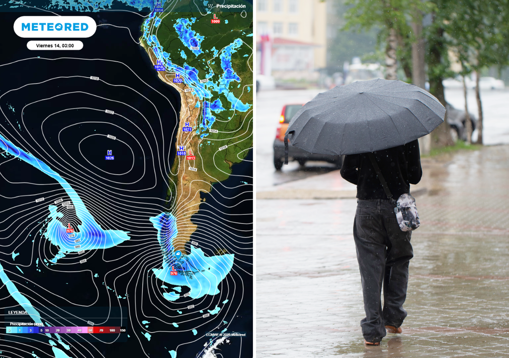 persona con paraguas caminando en una calle en día de lluvia y mapa de pronóstico persona con paraguas caminando en una calle en día de lluvia y mapa de pronóstico