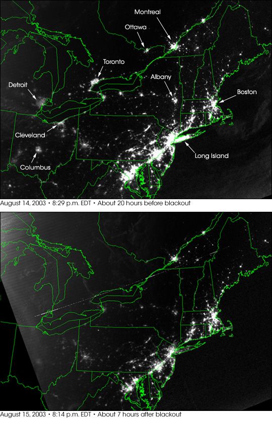 NASA La tarde del 14 de agosto del 2003 la ciudad de Nueva York y otras ciudades del este de EEUU y Canadá un fallo en el fluido eléctrico de la red americana y canadiense dejó sin luz a grandes zonas y en particular al la ciudad de Nueva York.Los satélites con un canal visibles, VIS, muy sensibles como el DMSP, nos ponen de manifiesto las zonas afectadas por el apagón cuando se comparan dos imágenes tomadas antes y durante la caída del fluido.La superior nos muestra la zona este de Norteamérica de noche, 20 horas antes del apagón con todas las grandes urbes iluminadas. Este duró varias horas y las zonas afectadas aparecen sin la luz brillante que debían generar las propias ciudades y zonas pobladas. Las imágenes fueron tomadas el 14 y 15 de agosto del 2003, respectivamente, antes y durante el incidente.Imagen cortesía de la NASA.Más información en:http://earthobservatory.nasa.gov/NaturalHazards/natural_hazards_v2.php3?img_id=11628