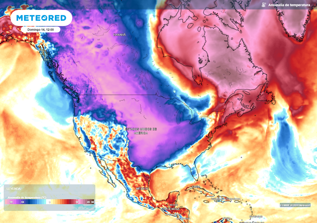 Anomalía de temperaturas mostrando aire ártico