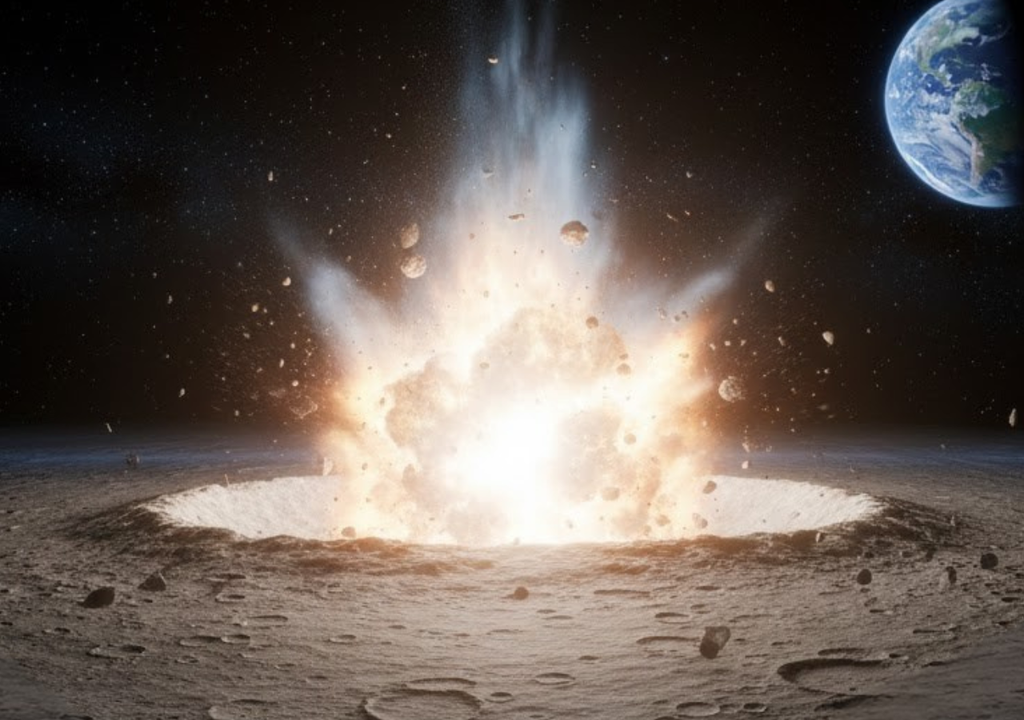 Ilustración del posible impacto del asteroide 2024 YR4 en la superficie lunar, un evento que, de concretarse, permitiría a la ciencia observar en tiempo real la formación de un cráter, la eyección de material y los efectos de una colisión cósmica, con la Tierra como espectadora privilegiada al fondo.