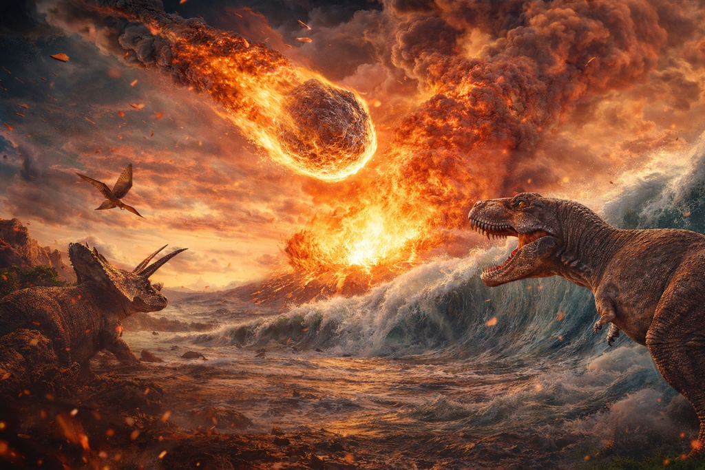 Recreación artística del impacto del asteroide en la península de Yucatán, evento que provocó la extinción masiva de los dinosaurios hace 66 millones de años y cambió para siempre la historia de la vida en la Tierra.