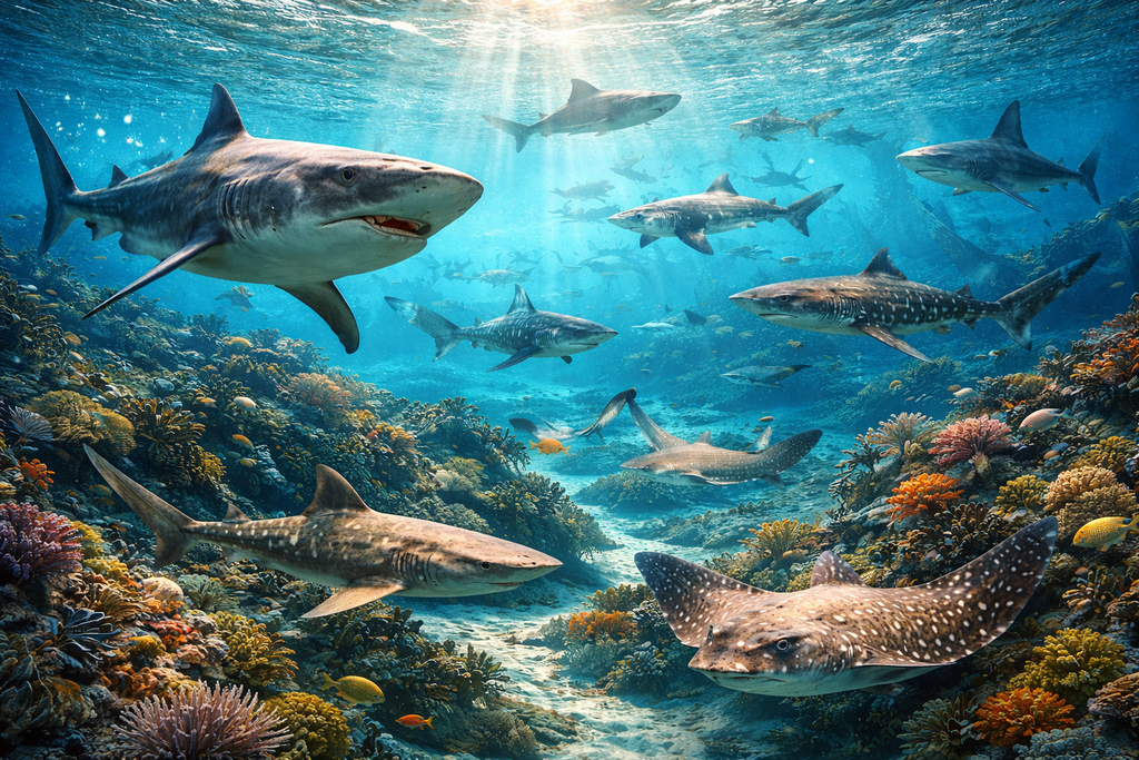 Recreación artística de los océanos durante el Eoceno, cuando tiburones y rayas alcanzaron uno de los mayores niveles de diversidad y abundancia de su historia evolutiva.